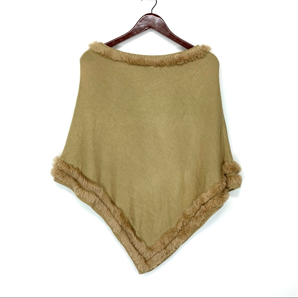 Rare Kenneth Cole Genuine Rabbit Fur Trim Tan Knit Poncho Light Cape Sweater